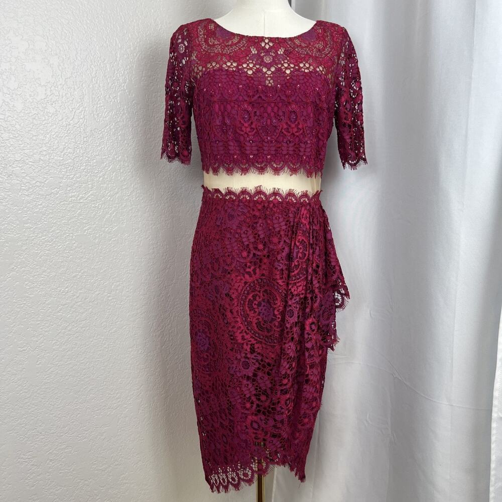 Marchesa Notte Dress Womens 6 Magenta Lace Midriff Cocktail Wedding Guest Glam